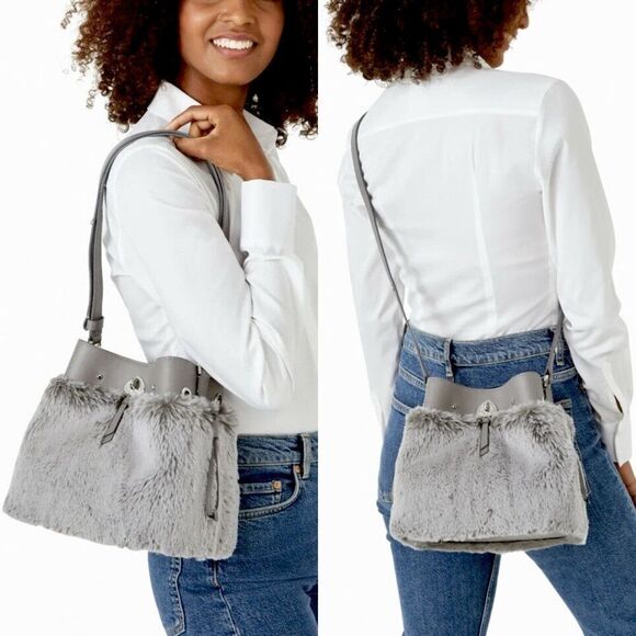 Kate Spade Marti Faux Fur Small Bucket Bag  in Grey Cat - Picture 2 of 13